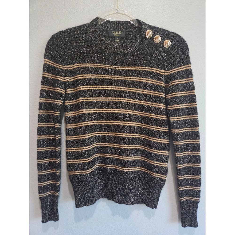 Charter Club Sweater Womens XS Black Gold Striped Cashmere Blend Button Exc